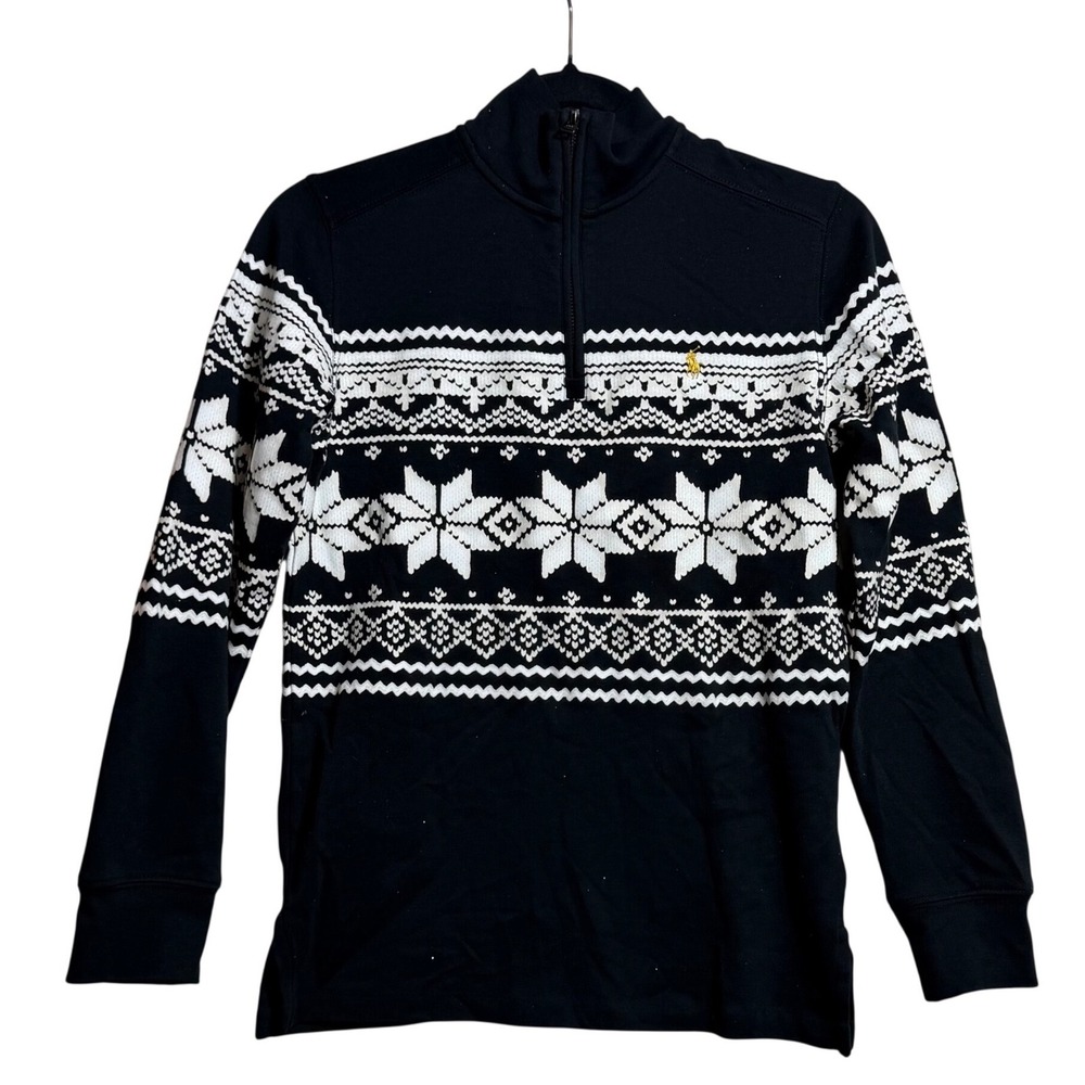 Polo Ralph Lauren Boys M 10-12 Black White Fair Isle Snowflake Quarter Zip Top